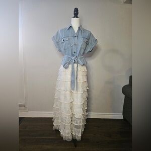 Denim Button-Up Top with White Ruffle Bottom Dress